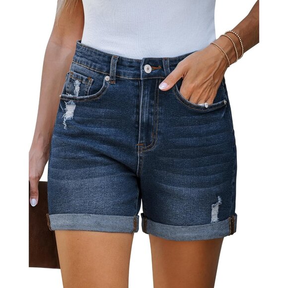 Women's Darkness Blue Stretchy High Waisted Ripped Denim Trendy Cut Off Shorts